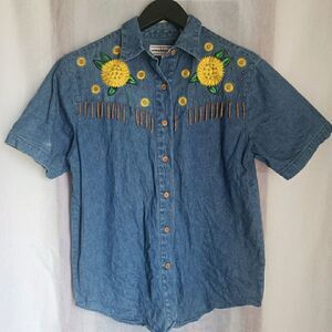 Westbound Denim Sunflower Embroidery Bead Fringe Button Down Women Size S Petite